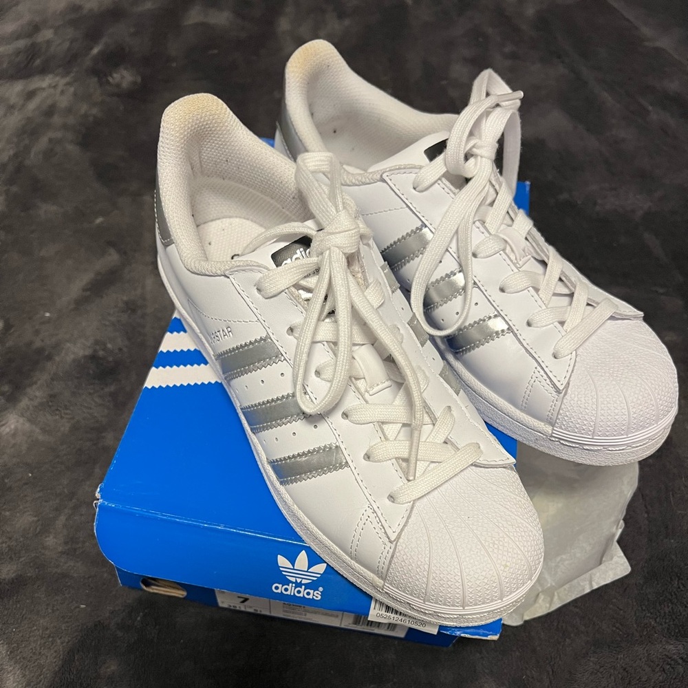 Adidas, size 7, white w/silver stripe, gently used, worn once, still in box